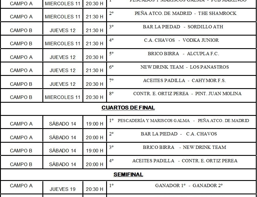 LIGA LOCAL DE FÚTBOL 7 HORARIOS CUARTOS DE FINAL