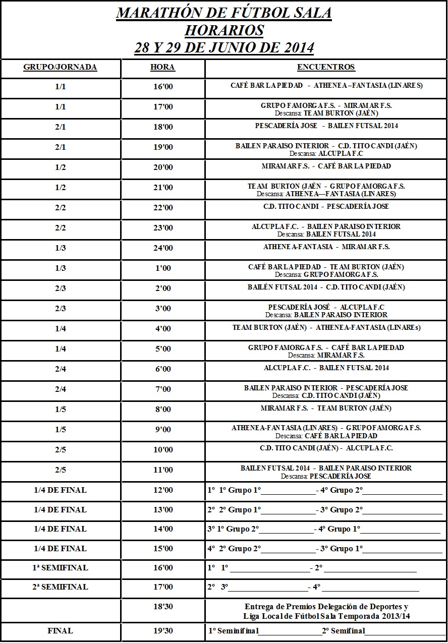 HORARIOS MARATHÓN DE FUTBOL SALA  DE BAILÉN