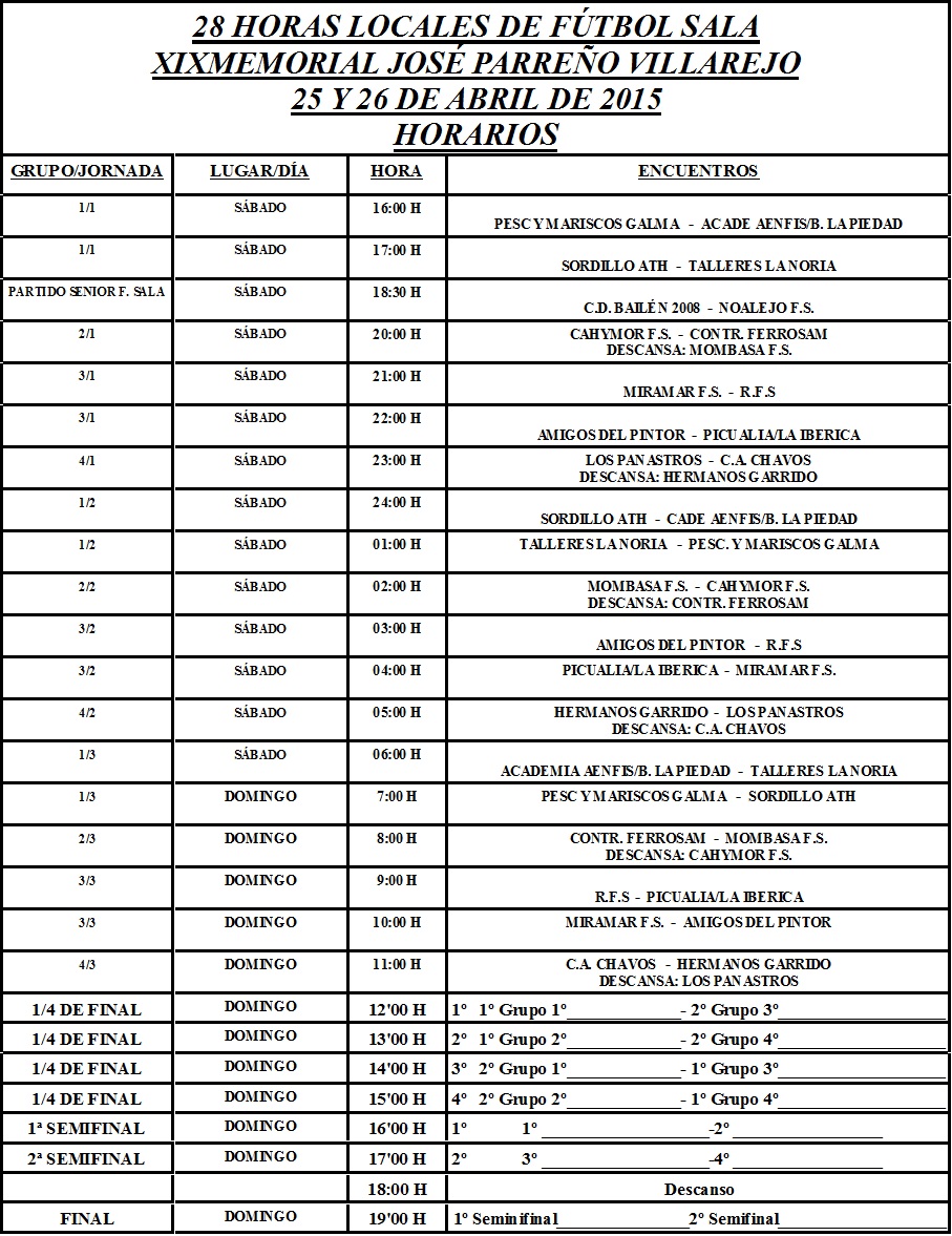 28 HORAS LOCALES DE FUTBOL SALA HORARIOS