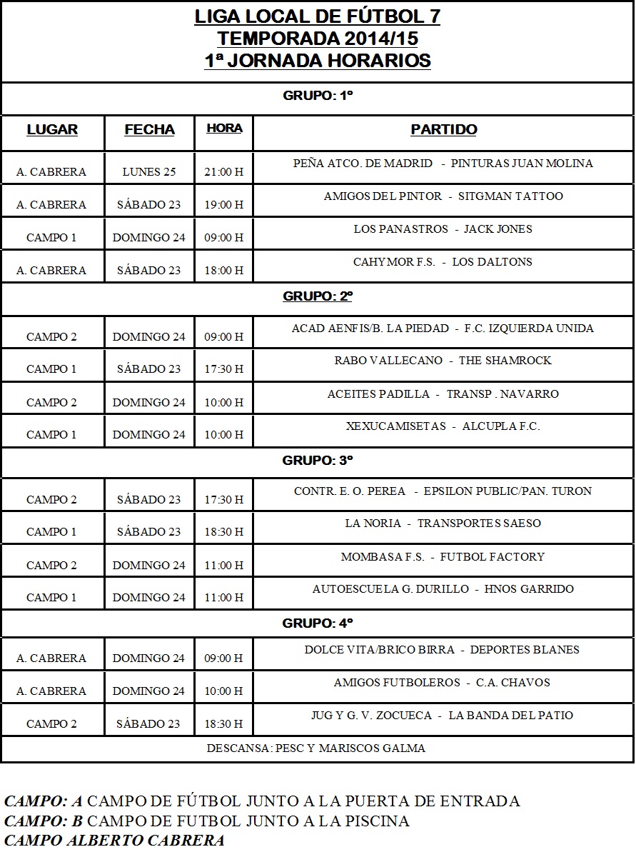HORARIOS 1ª JORNADA
