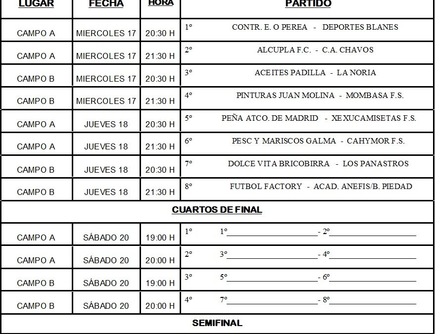 LIGA LOCAL DE FÚTBOL 7 HORARIOS OCTAVOS DE FINAL
