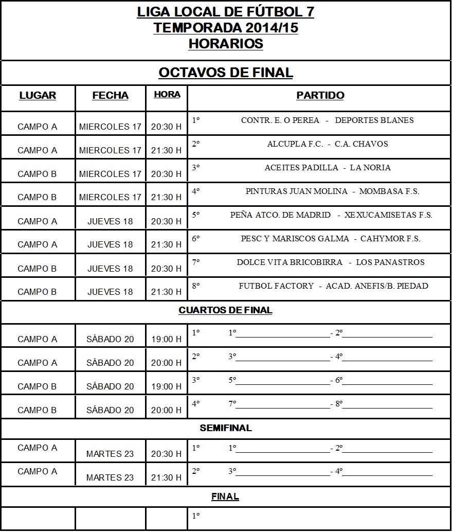 HORARIOS DE FUTBOL 7 