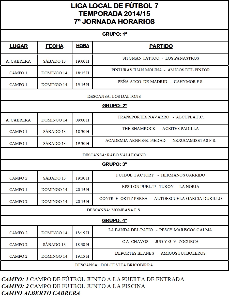 HORARIOS JORNADA 7ª