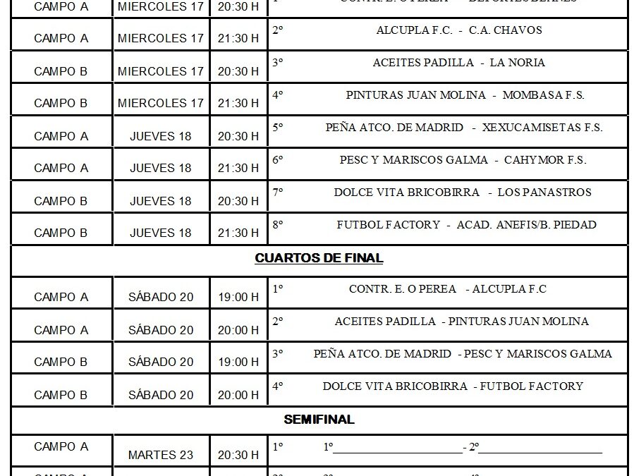 LIGA LOCAL DE FÚTBOL 7 HORARIOS CUARTOS DE FINAL