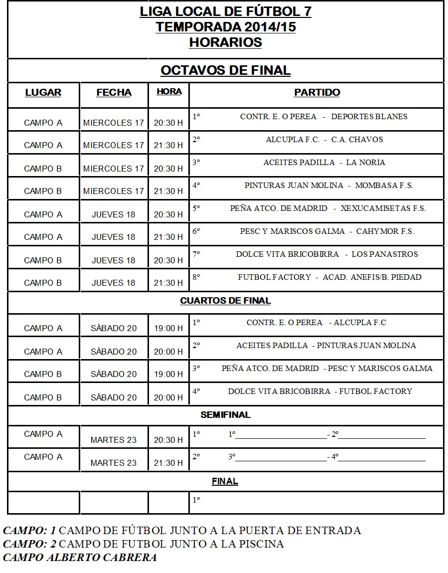 HORARIOS LIGA LOCAL DE FÚTBOL 7 CUARTOS