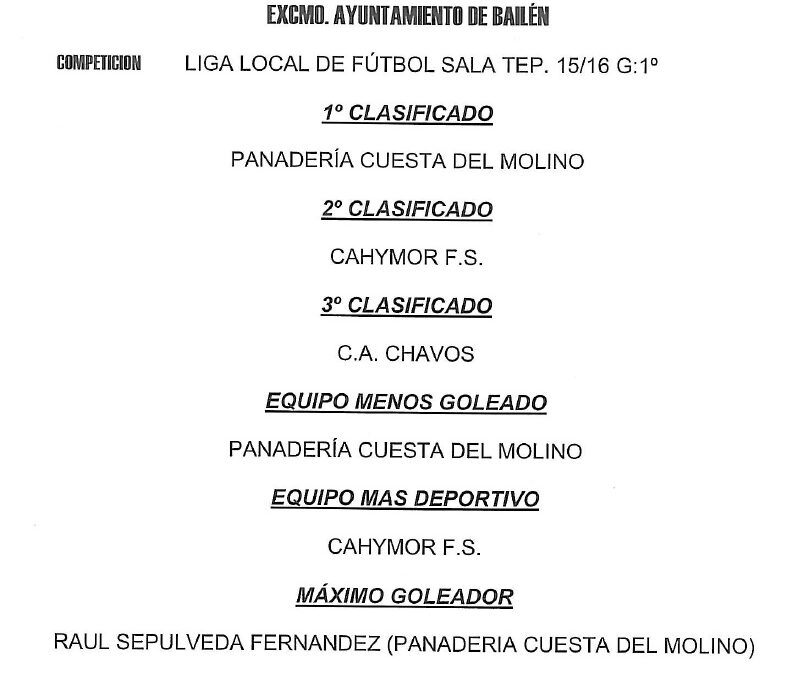 LIGA LOCAL DE FÚTBOL SALA HORARIOS JORNADA: 11º