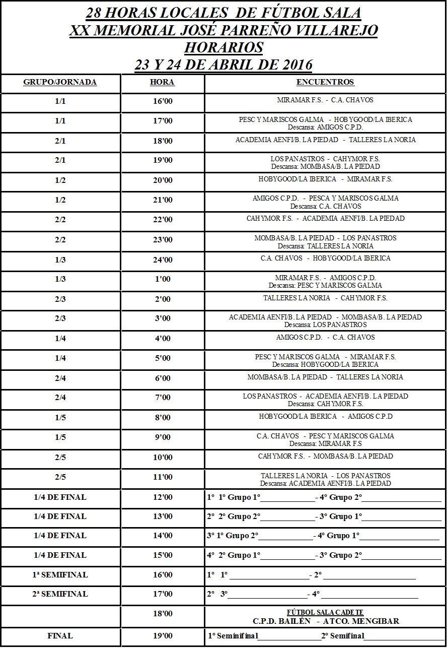 HORARIOS DE FUTBOL SALA 28 HORAS LOCALES 2016
