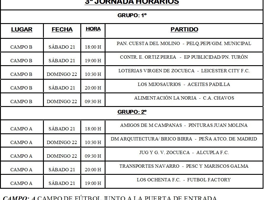 LIGA LOCAL DE FÚTBOL 7 HORARIOS JORNADA 3ª Y 4ª