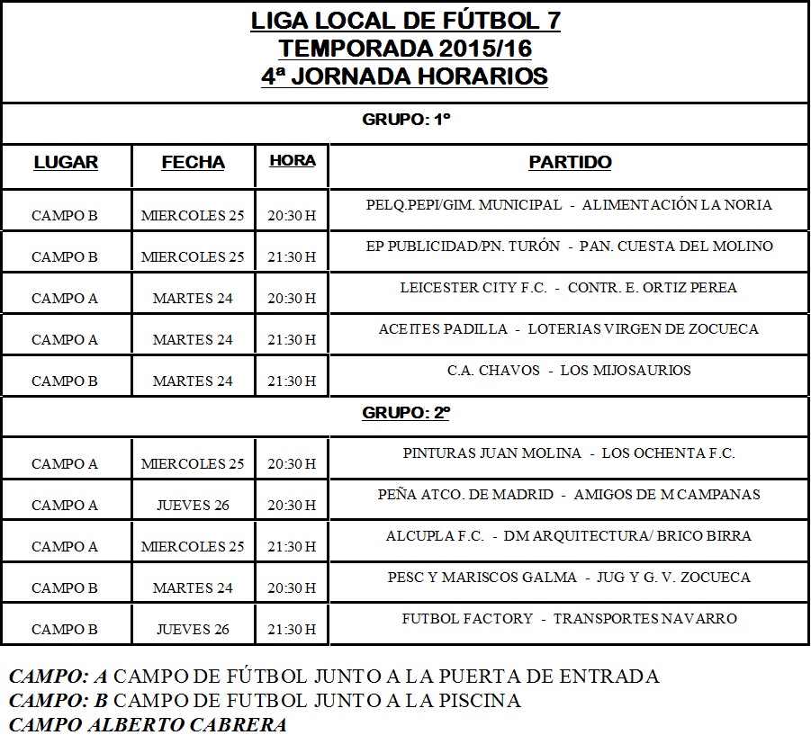 HORARIOS JORNADA 4º