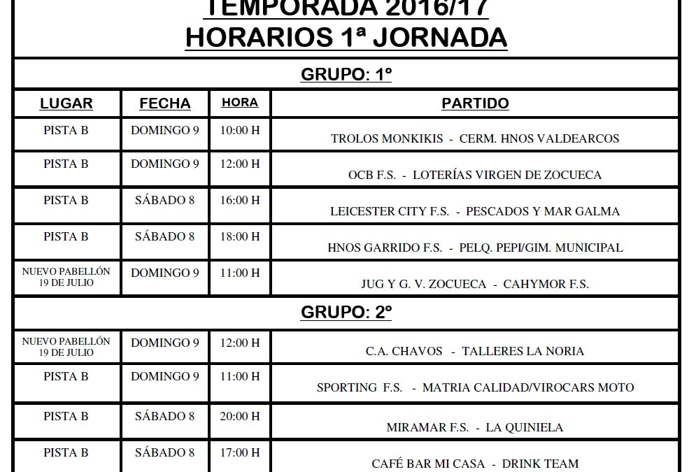 LIGA LOCAL DE FÚTBOL SALA HORARIOS TEMPORADA 2016/17 1ª JORNADA