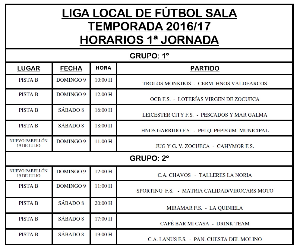 HORARIOS LIGA LOCAL DE FUTBOL SALA 