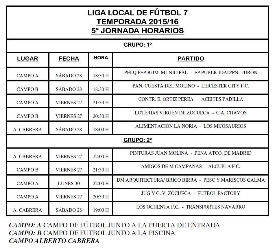 Horarios Jornada 5ª
