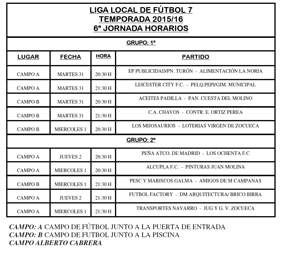 Horarios Jornada 6ª