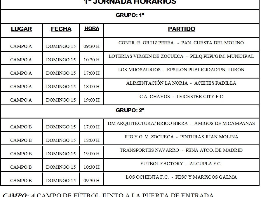 LIGA LOCAL DE FÚTBOL 7 HORARIOS 1ª Y 2ª JORNADA