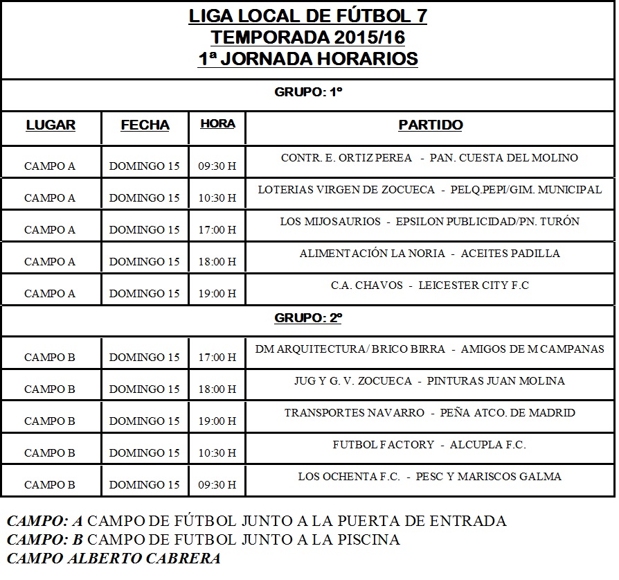 LIGA LOCAL DE FÚTBOL 7 HORARIOS 1ª JORNADA