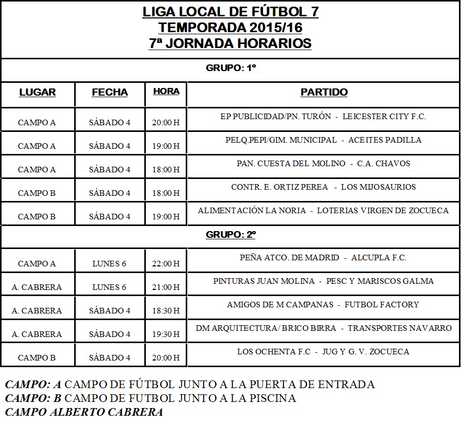 HORARIOS JORNADA 7º