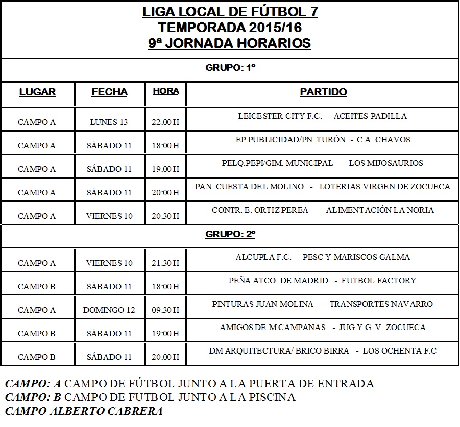 Horarios Liga Local de fútbol 7 Jornada 9ª