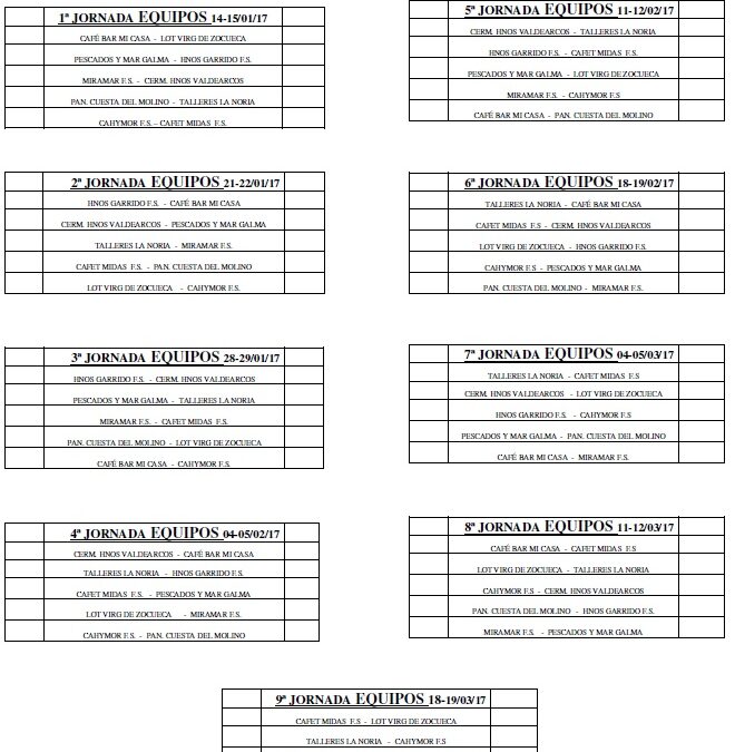 CALENDARIOS LIGA LOCAL DE FÚTBOL SALA 16/17 2ª FASE