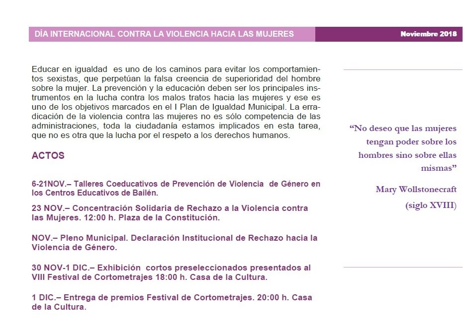 AMPLIO PROGRAMA DE ACTIVIDADES DE SENSIBILIZACIÓN PARA CONMEMORAR EL DÍA INTERNACIONAL  CONTRA LA VIOLENCIA HACIA LAS MUJERES