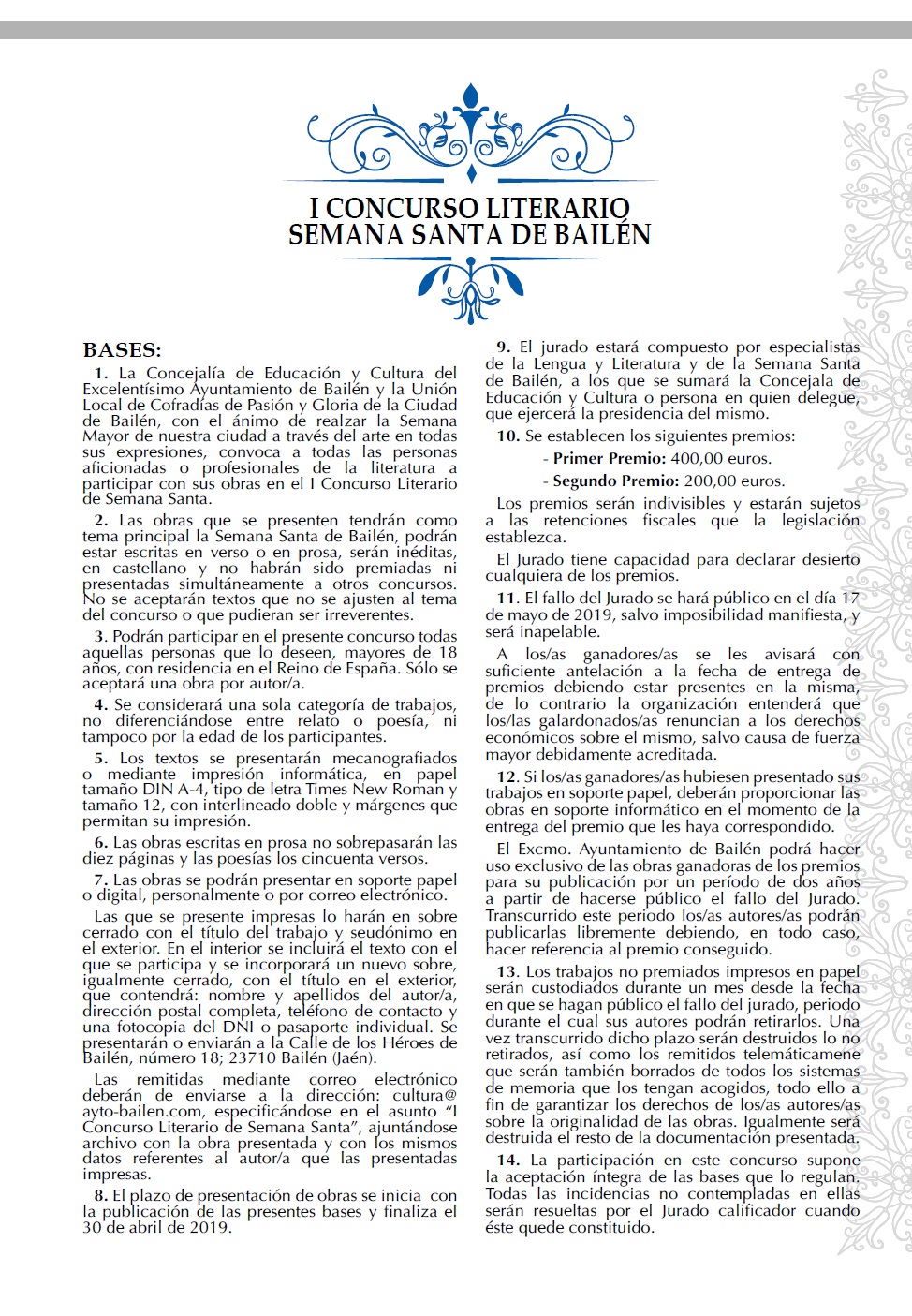 Concurso literario Semana Santa Bailén
