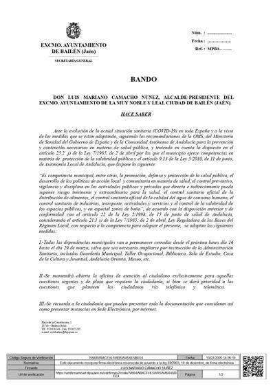 BANDO NUEVAS MEDIDAS CON MOTIVO DEL CORONAVIRUS