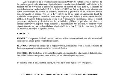 SUSPENSIÓN DEL MERCADO AMBULANTE DESDE EL VIERNES 13 DE MARZO
