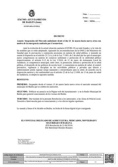 SUSPENSIÓN DEL MERCADO AMBULANTE DESDE EL VIERNES 13 DE MARZO