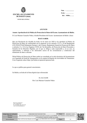 EL AYUNTAMIENTO PUBLICA SU POLÍTICA DE PROTECCIÓN DE DATOS