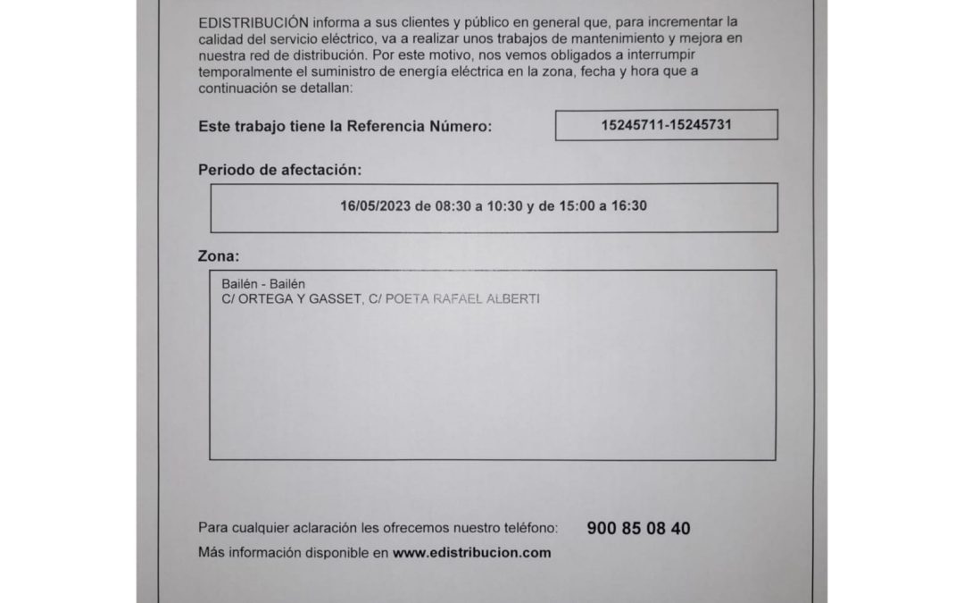 Aviso por corte de suministro eléctrico por trabajos de mantenimiento y mejora en la red de distribución