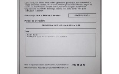 Aviso por corte de suministro eléctrico por trabajos de mantenimiento y mejora en la red de distribución