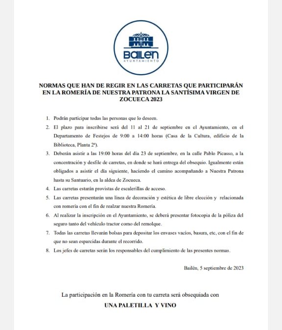 Normas de las carretas para la Romería de Nuestra Señora de Zocueca