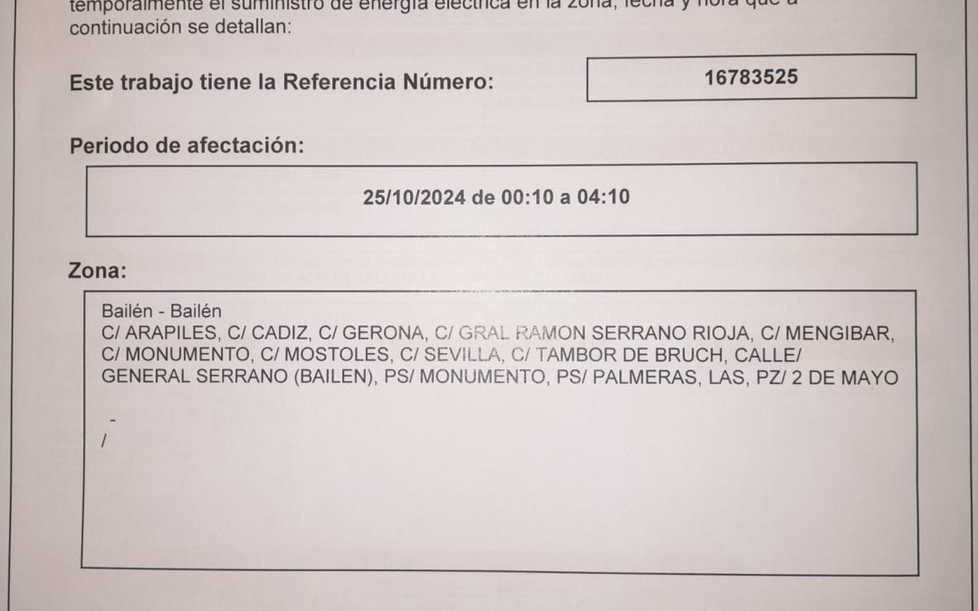 Endesa interrumpirá el suministro eléctrico en varias calles de Bailén por trabajos de mantenimiento
