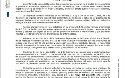 El bando sobre la limpieza de solares fija el 1 de mayo como plazo máximo para su limpieza y mantenimiento
